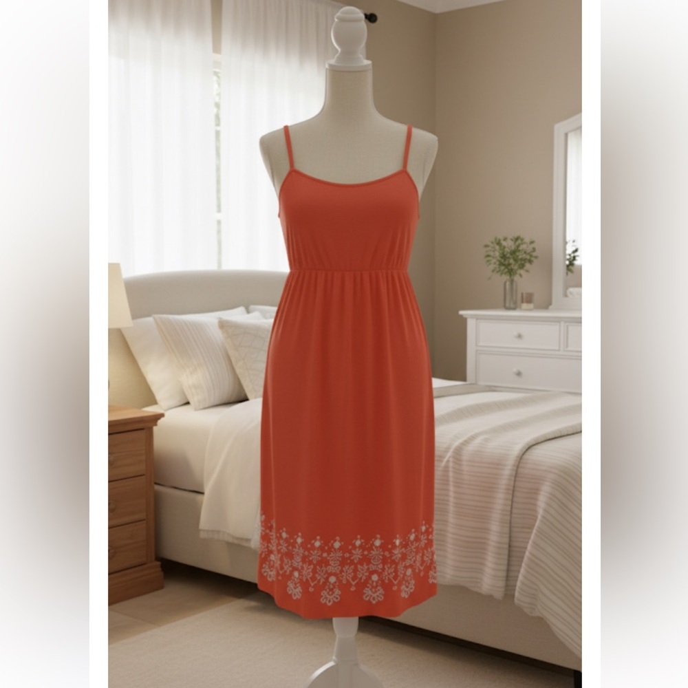 Soma Orange Sleeveless Dress with White Floral Embroidery Hem